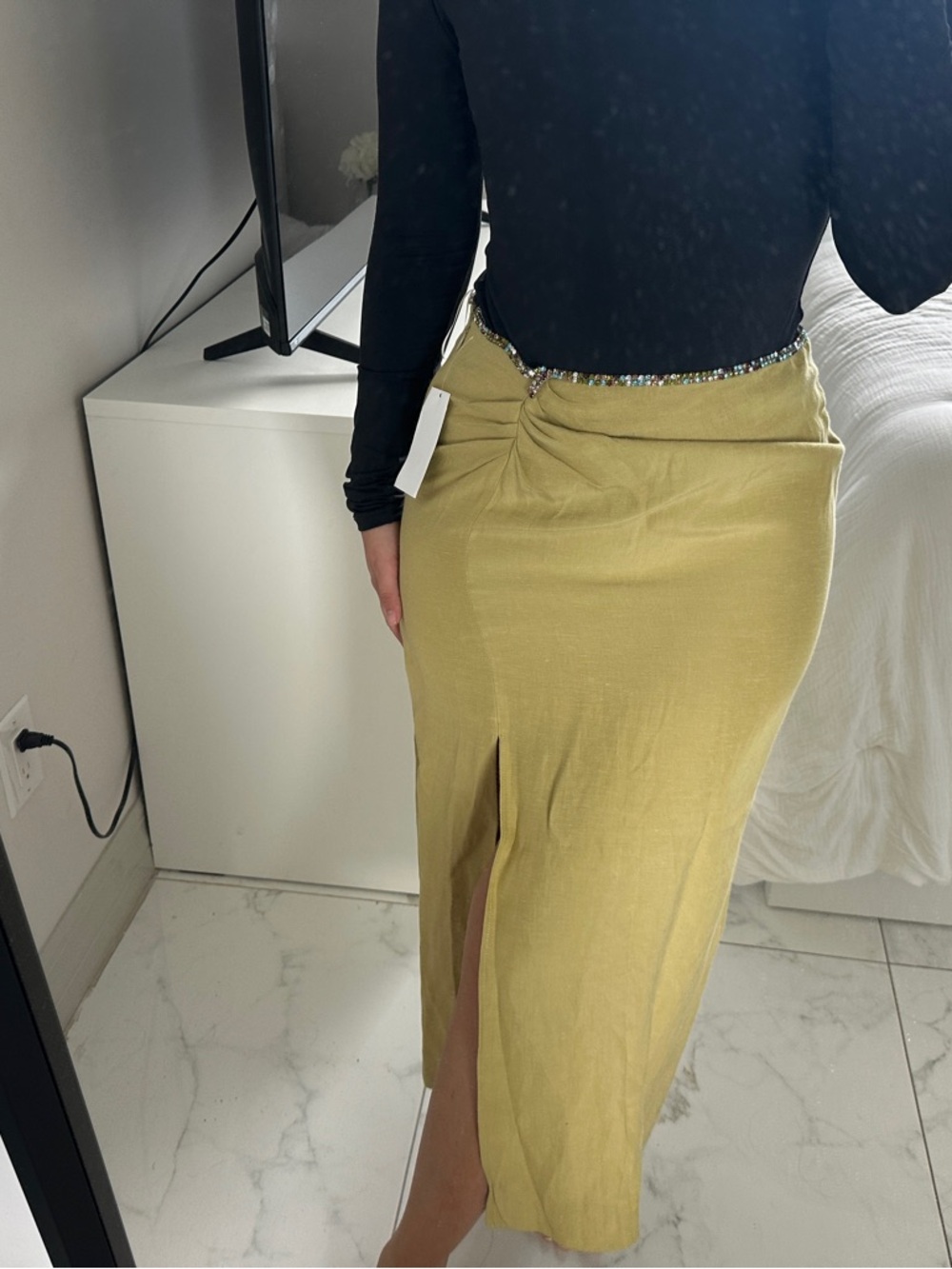Sandro Olive Green Twist-Waist Midi Skirt with Front Slit
